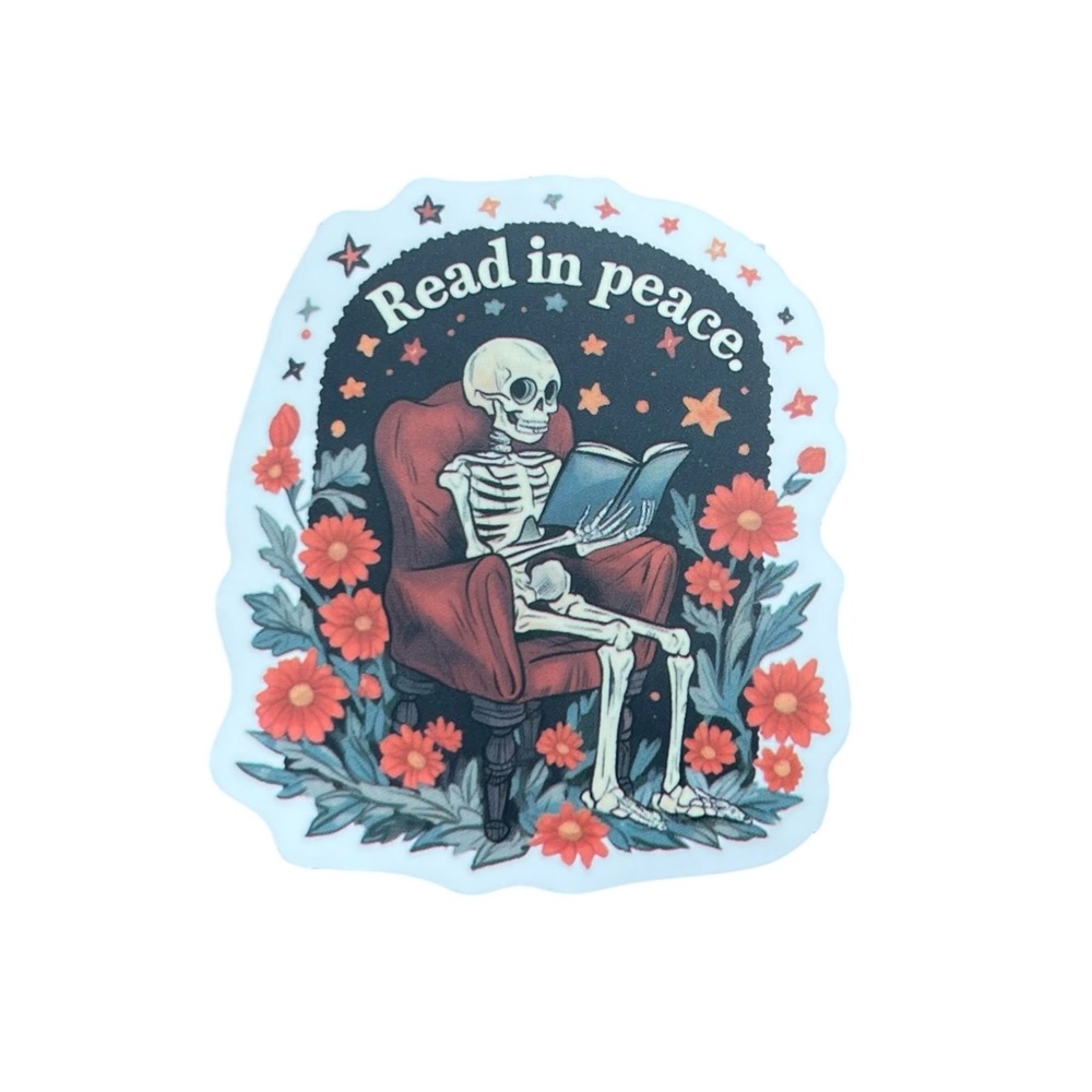 Skeleton Read in Peace Sticker with Floral Design Book Lover